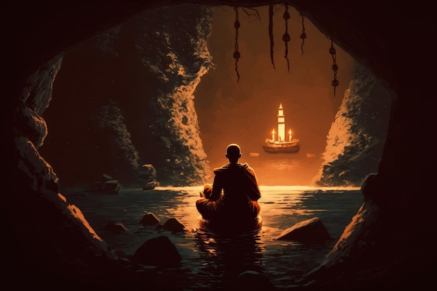 Monk sitting in lotus position on a rock and meditating viewed from back Generative AI