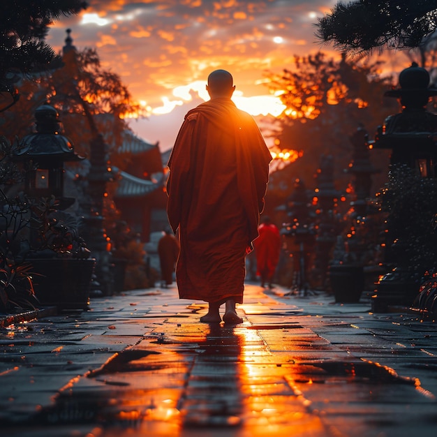 a monk walks down a path with the sun setting behind him