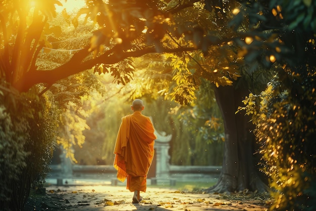 a monk walks through a park with the sun behind him