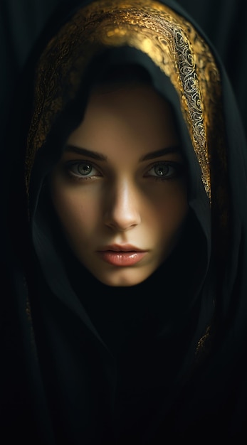 monk woman black gold head scarf arabian beauty hood portrait breathtaking elvish islam translucent