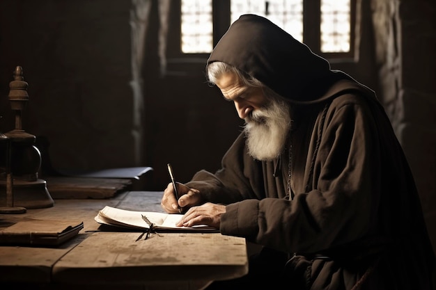 Monk writing a manuscript in an ancient medieval abbey