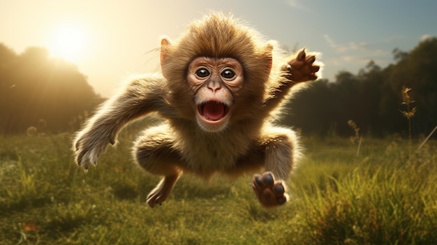 Monkey animal jumping field wallpaper image Generative AI