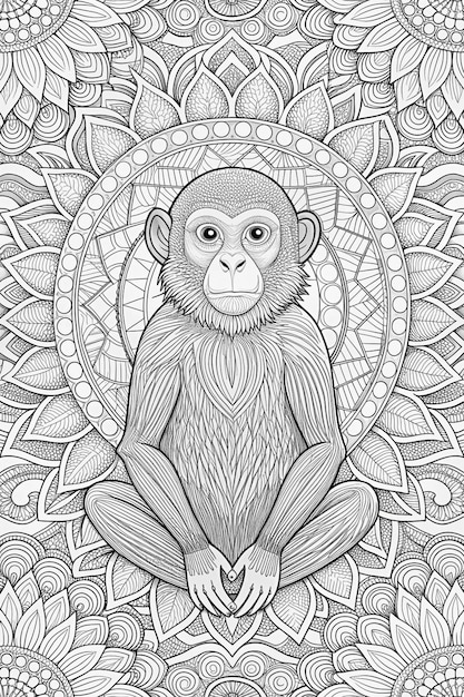 Photo monkey animal mandala coloring page for adults clean line art with mandala background