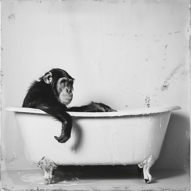 a monkey in a bathtub that is white