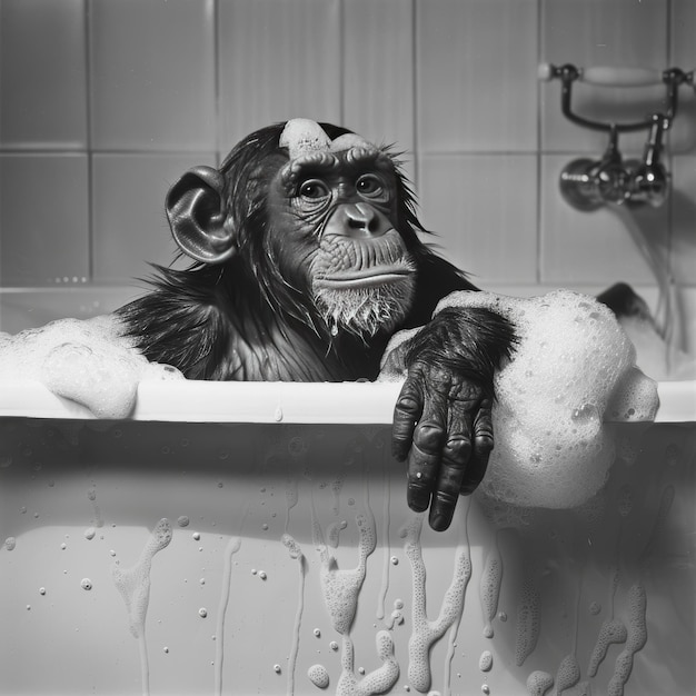 a monkey in a bathtub with a splash of water