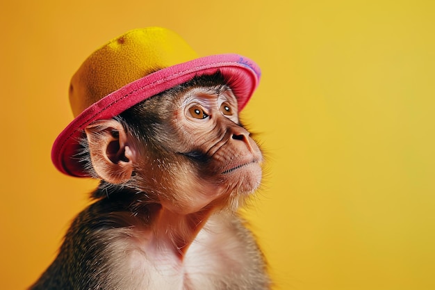 Photo monkey in bright hat with neon yellow background fun cheerful animal portrait for playful and vibrant art