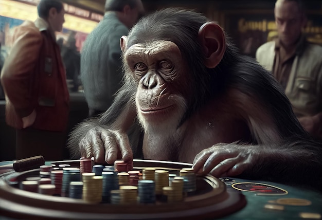 Monkey in a business suit plays in the casino AI