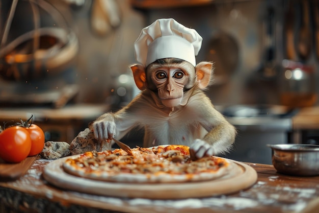 Monkey Chef Preparing Pizza in Rustic Kitchen