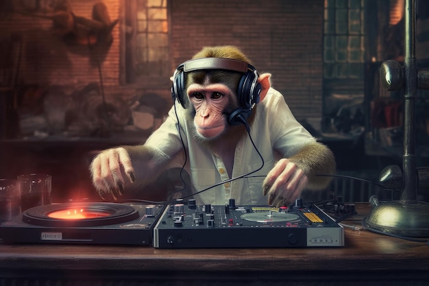 Monkey dj mixing music on turntables with headphones created with generative ai