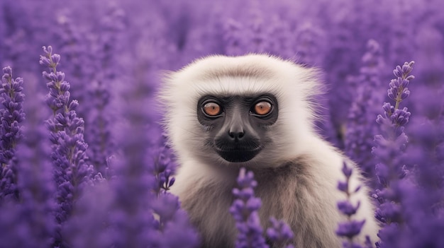 a monkey in a field of purple flowers with orange eyes