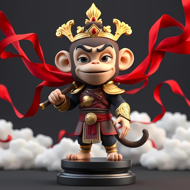 a monkey figurine with a red ribbon around its head