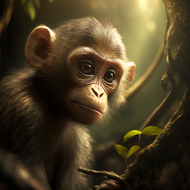 A monkey in a forest with a tree branch.