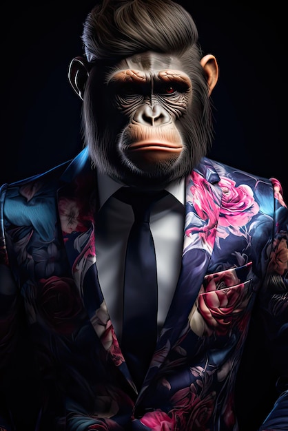 Monkey gorilla dressed in a classy red suit standing as a successful leader and a confident