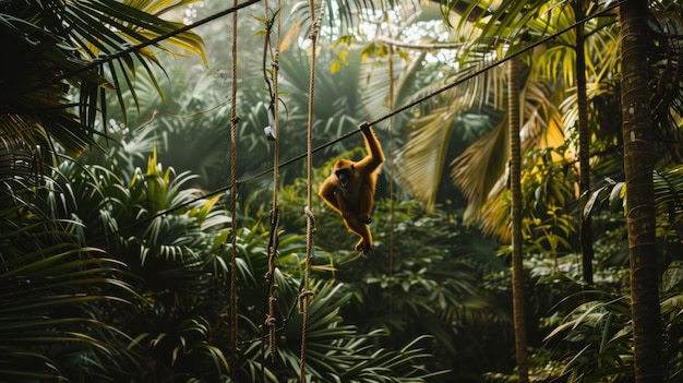 Photo monkey hanging on a rope in the jungle