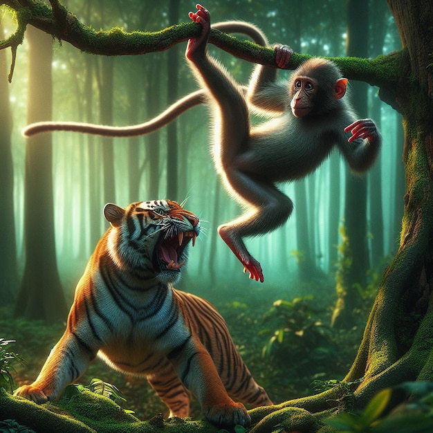 A monkey hangs from a tree branch and kicks a tiger in the head