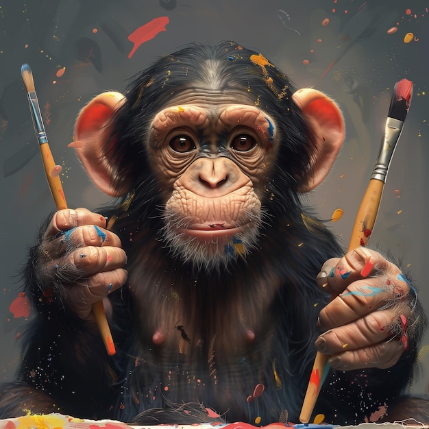 Monkey holding a big paintbrush