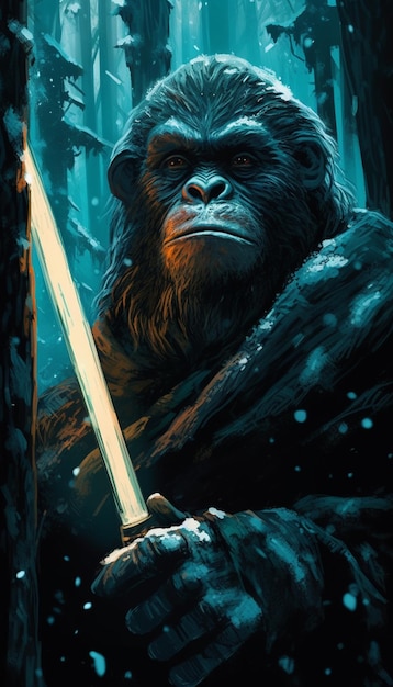 A monkey holding a sword in front of a tree.