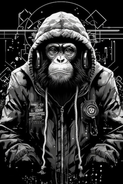 A monkey in a hoodie and hoodie with a logo on it