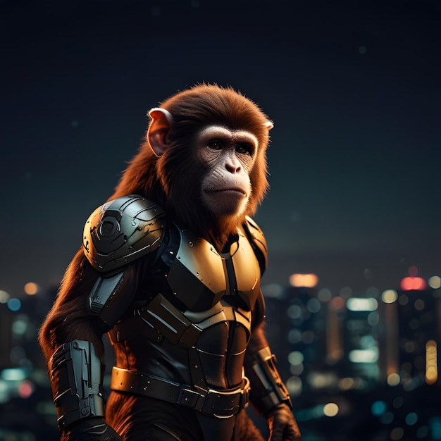 a monkey in a iron costume stands on a rooftop in front of a city skyline