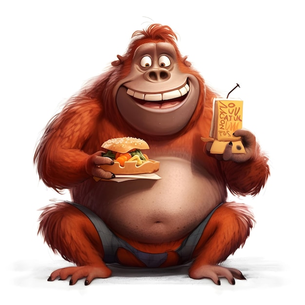 A monkey is holding a burger and a drink in his hand.