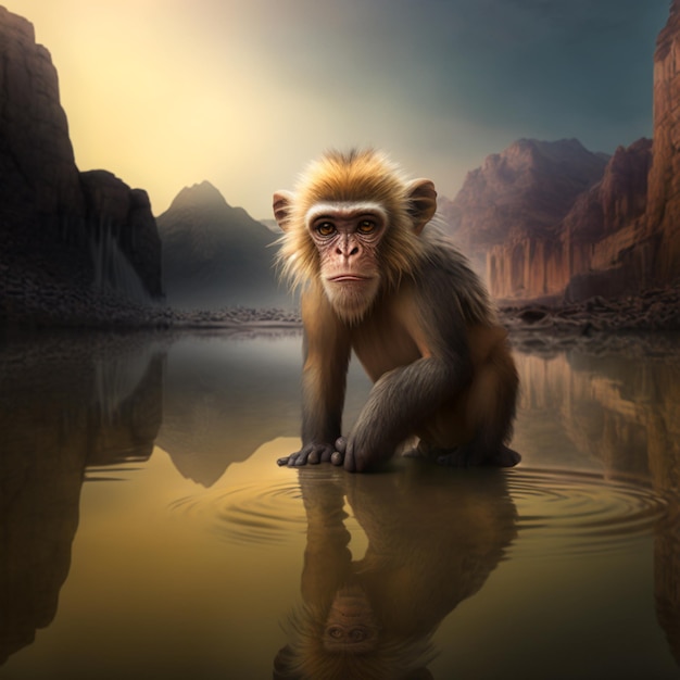 A monkey is sitting in a pond with a mountain in the background.