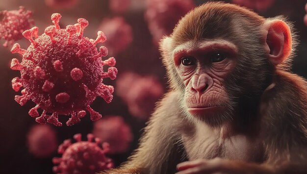 Photo a monkey is surrounded by an environment of red and green coronavirus cells