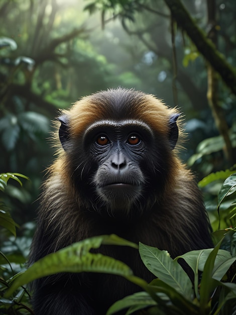 a monkey in the jungle with a forest background