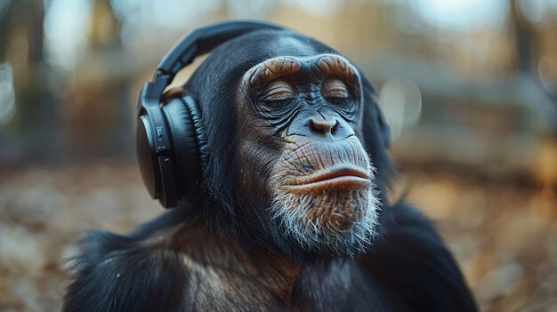 Monkey Listening to Music With Headphones in Forest