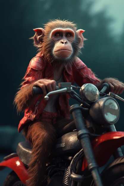 Monkey on a motorcycle with a red jacket