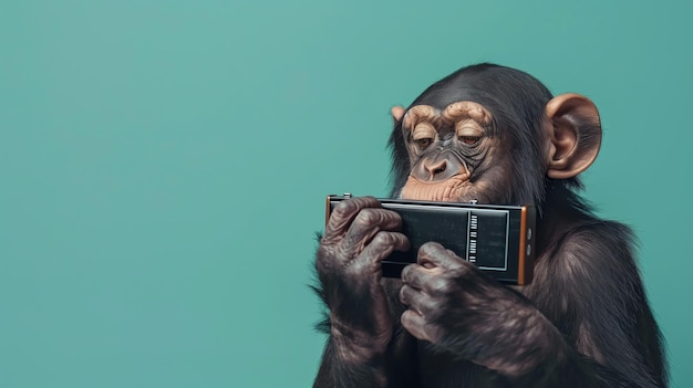 A monkey playing a harmonica