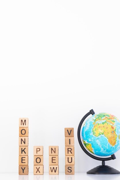 Monkey pox word is written on wooden cubes on a white background Closeup of wooden elements