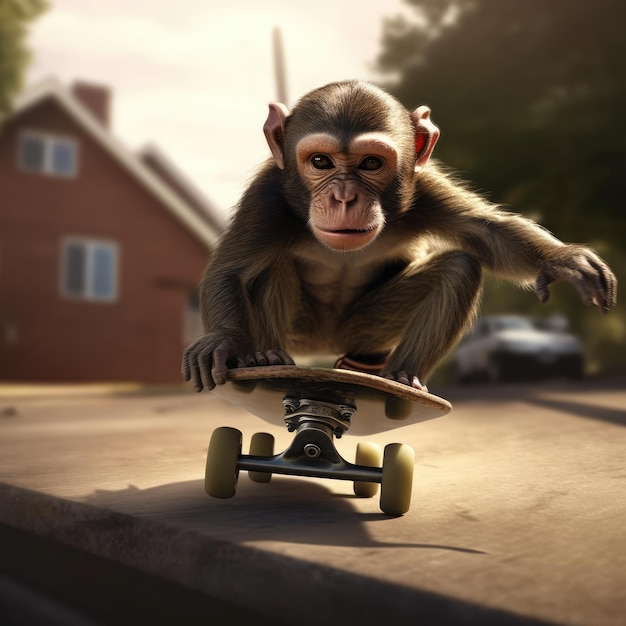 Monkey rides a skateboard