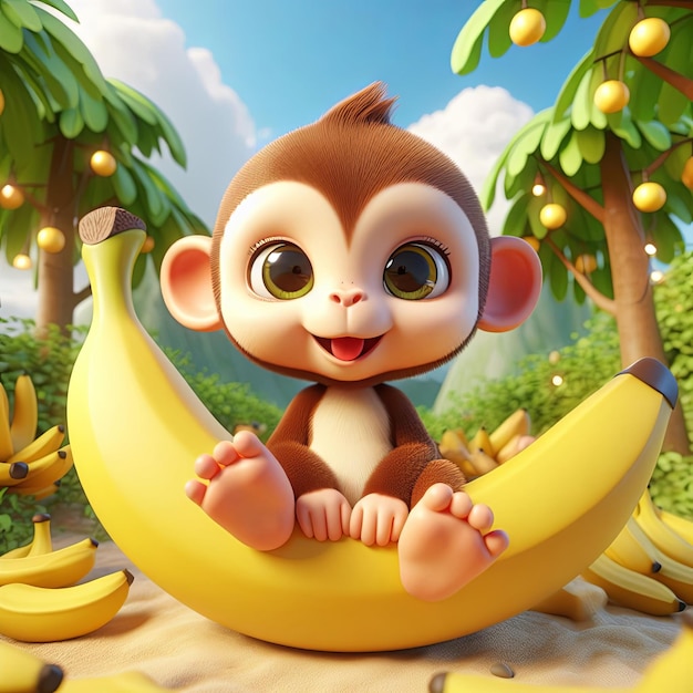 a monkey sits on a banana that has the word monkey on it