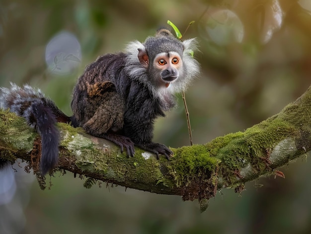 a monkey sits on a branch with the sun shining behind him