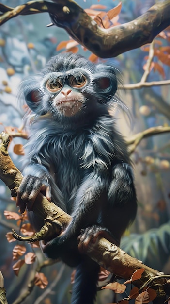 a monkey sits on a branch with a tree branch in the background