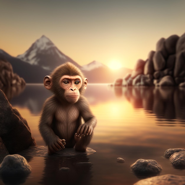 A monkey sits in a lake with mountains in the background.