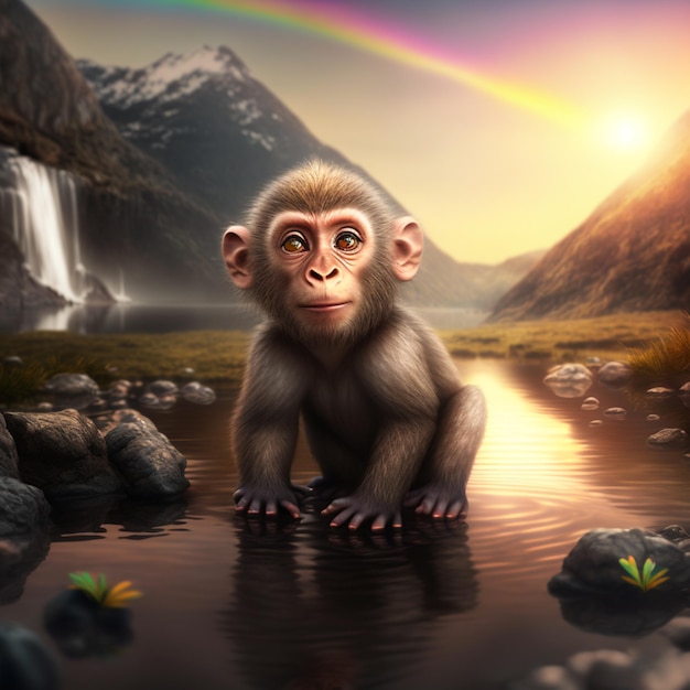 A monkey sits in a pond with a rainbow in the background.