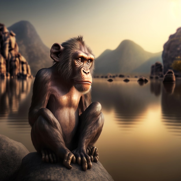 A monkey sits on a rock in front of a mountain.