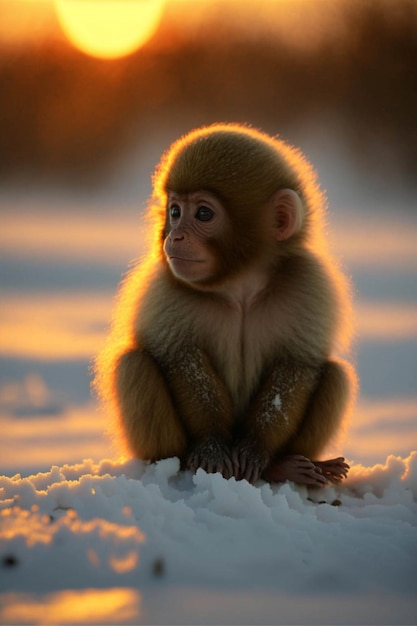 Monkey sitting in the snow at sunset generative ai