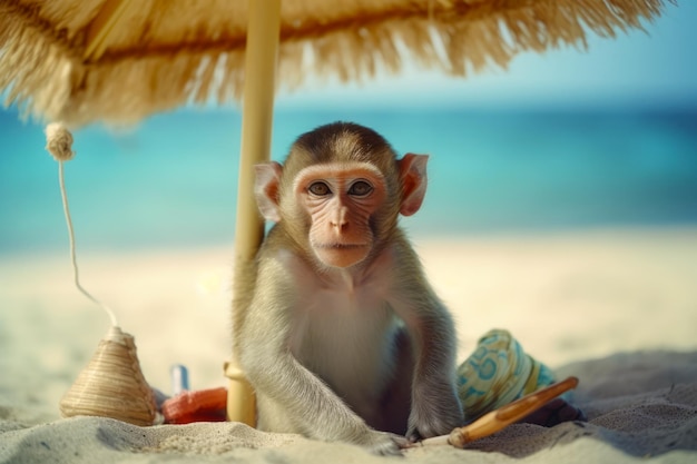 Monkey sitting under straw umbrella on beach next to the ocean Generative AI