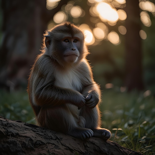 A monkey sitting on a trunk in the forest