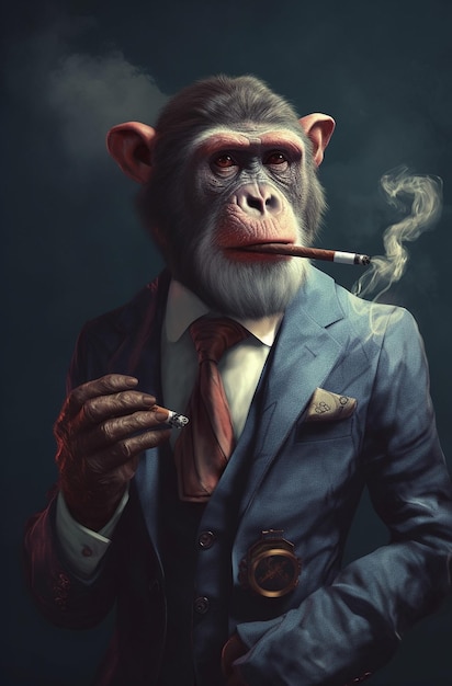 A monkey smoking a cigarette in a suit and tie