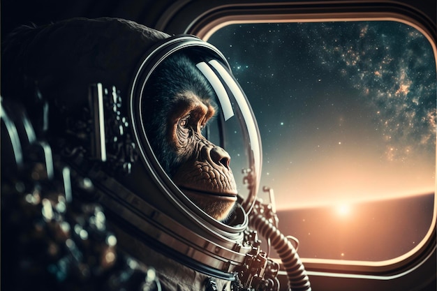 Monkey in a space suit looking out of a window generative ai