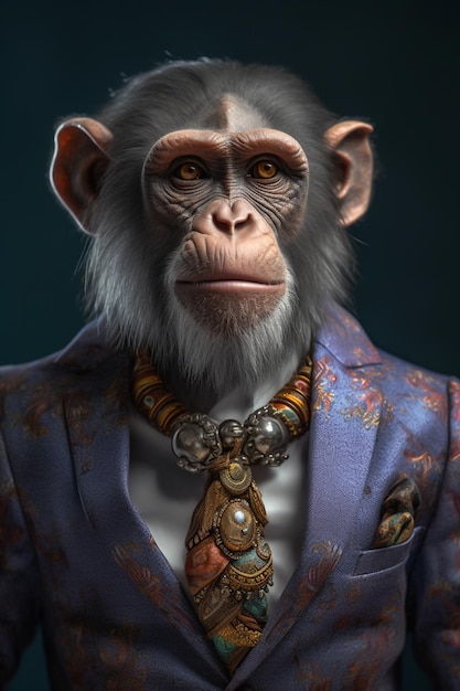 A monkey in a suit with a blue jacket and a blue jacket.