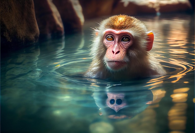 Monkey swims in a hot spring in asia