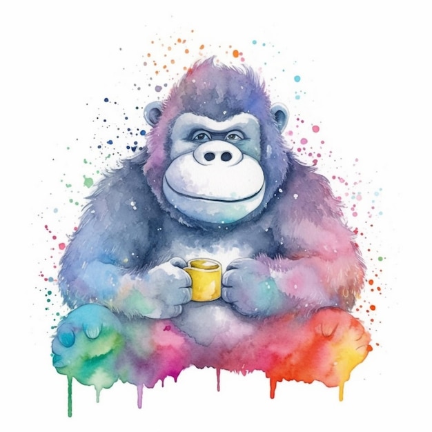 Monkey watercolor art print featuring the digital art monkey holding a cup by monkey art