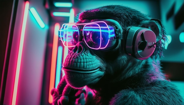 A monkey wearing glasses and a neon sign that says'monkey '