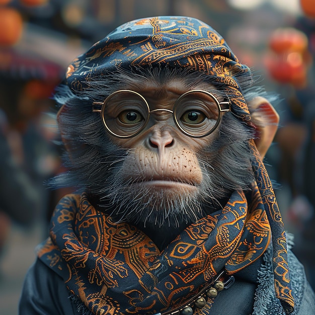 a monkey wearing glasses and a scarf with the words quot chimpa quot on it