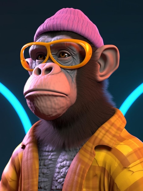 A monkey wearing a hat and glasses with a neon light behind him.