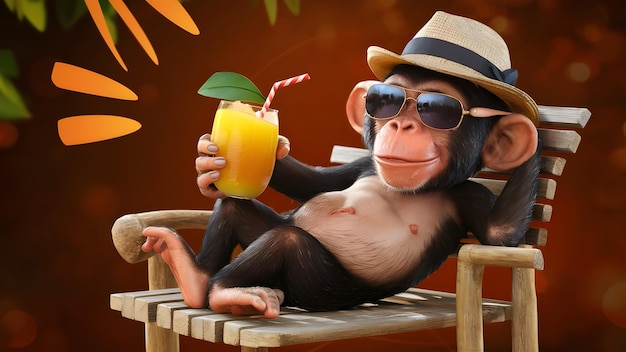 a monkey wearing a hat and sunglasses is lying on a chair with a mango drink in hand